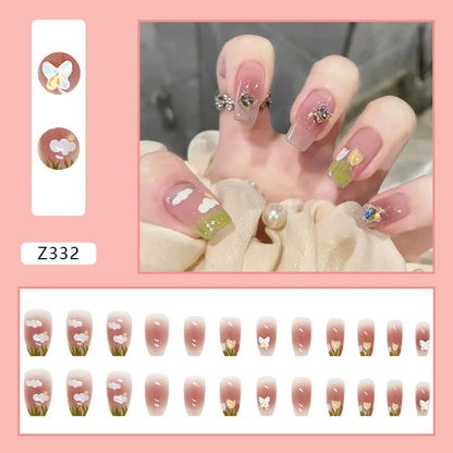 Aichashi Nail Art Fake Nails Long Island Iced Tea Wearing Jiashan Camellia Flower 3D Light Change Love Girl Blush Wearing Press on Nails