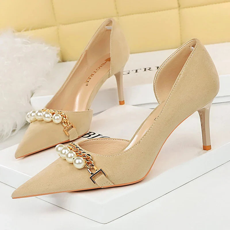 aichashi  -  Shoes Checked Grain Women Pumps Quality High Heels Pearl Chain Design Women Heels Stilettos Luxury Banquet Shoes