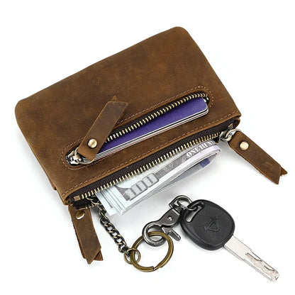 Aichashi Genuine Leather Zipper Coin Wallet Men Wowen Natural Leather Small Short Purse Card Holder Cash Clutch Wallets Key Ring