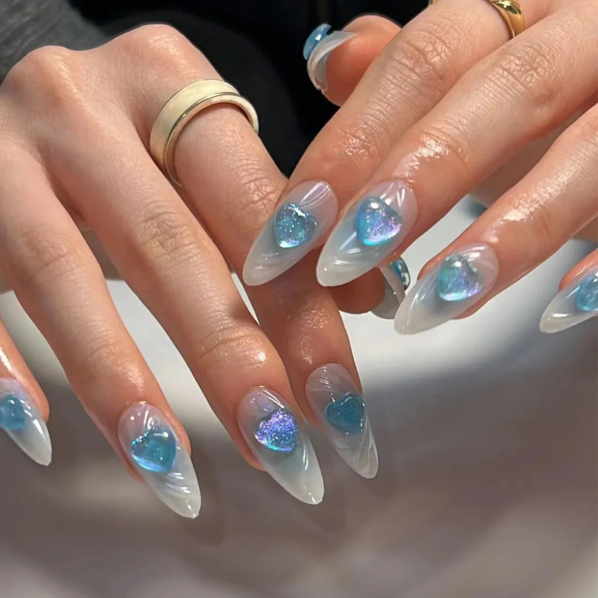 Aichashi 24PCS Long Almond Shape Wearable Blue Flash Diamond False Nails Y2K press on Stiletto Fake Nails With Water Ripple Finished Nail