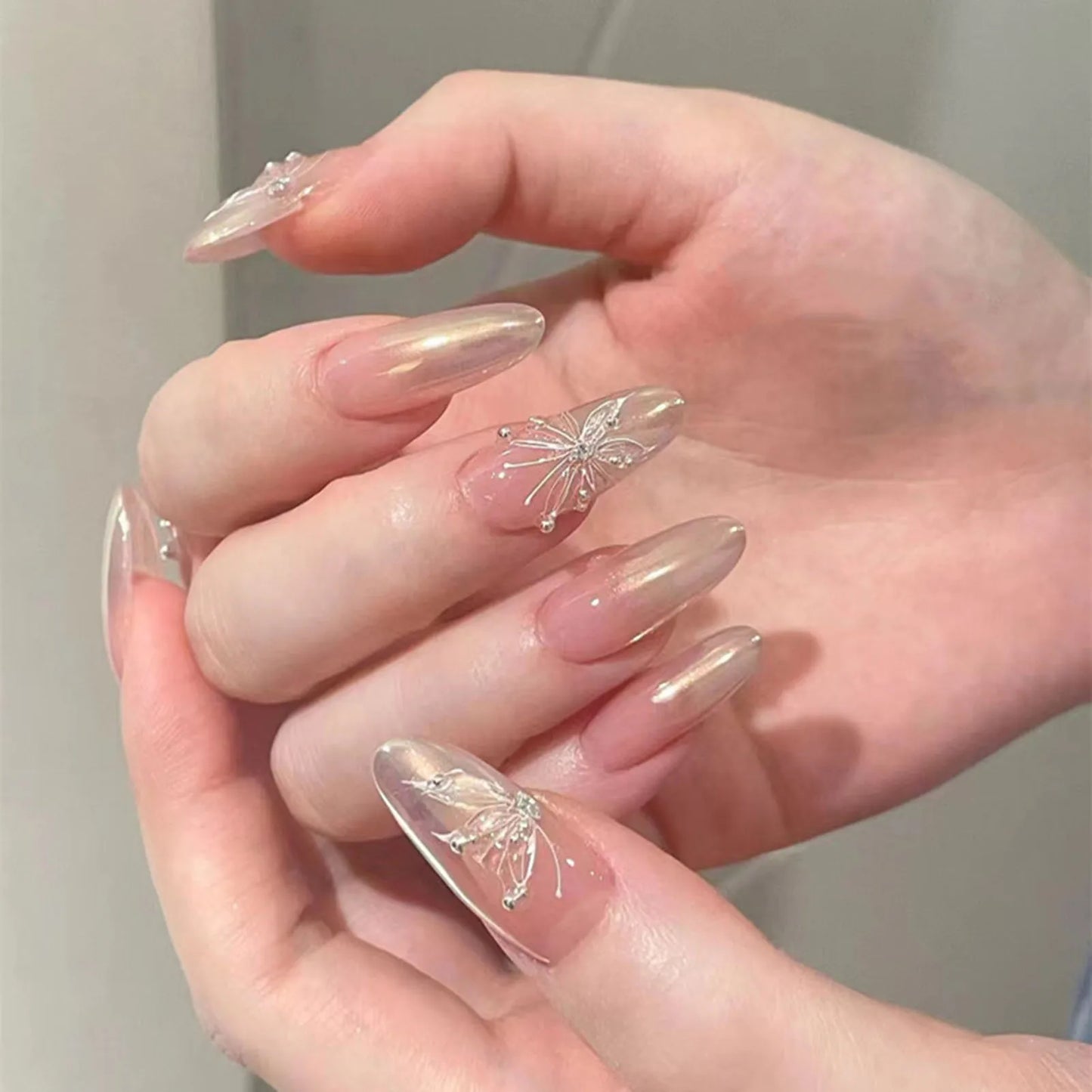 3D Water Wave Pattern Fake Nails Patch Cool Sliver Line Design Almond False Nails Full Finished y2k Girl Artificial Nail Patch