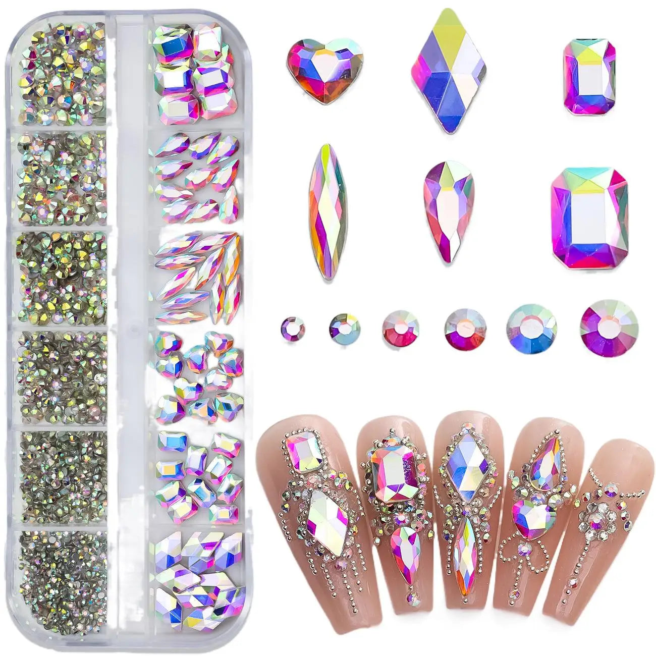 Aichashi 12 Grids Sparkle Translucent Colorful Mix Shapes Flatback Glass Diamonds Nail Art Rhinestones Jewel Decorations Manicure Charms