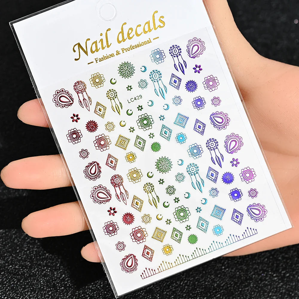 3D Gold Sun/Moon/Star Bronzing Nail Art Sticker 8*10cm Laser Star Moon Design Nail Decal Gold Silver Self-Adhesive Slider