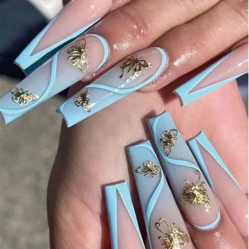 Aichashi 24Pcs Wearable Colorful Butterfly Designs French Press on Nails Long Ballet False Nails with Rhinestone acrylic Fake Nails tips