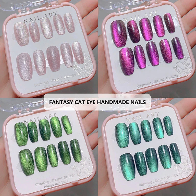 24pcs/box Crystal Cat Eye Shining Diamond Nail Patch Sparkling False Nail Press on Acrylic Nails Handmade Nail Wearing