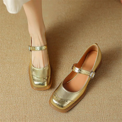 Aichashi New Spring Cow Leather Women Shoes Square Toe Women Pumps Fashion Retro Mary Jane Shoes for Women High Heels Casual Ladies Shoes