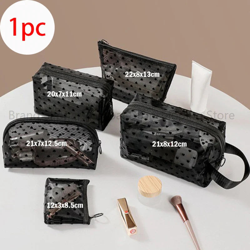 1pc Love Print Mesh Cosmetic Bag Portable Toiletry Organizer Makeup Bag Multifunction Transparent Women Lipstick Storage Pouch