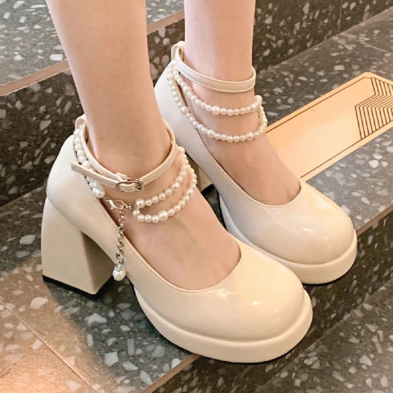 aichashi  -  Fashion Ankle Strap Pearl Pumps for Women New High Heels Platform Mary Janes Woan Round Toe Thick Heel Party Shoes Female