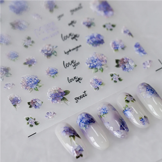 Aichashi 1pcs 5D Embossed Kawaii Flower Nail Art Stickers Beatuy Purple Hydrangea Self-adhesive Transfer Nail Decoration Slider Decal DIY