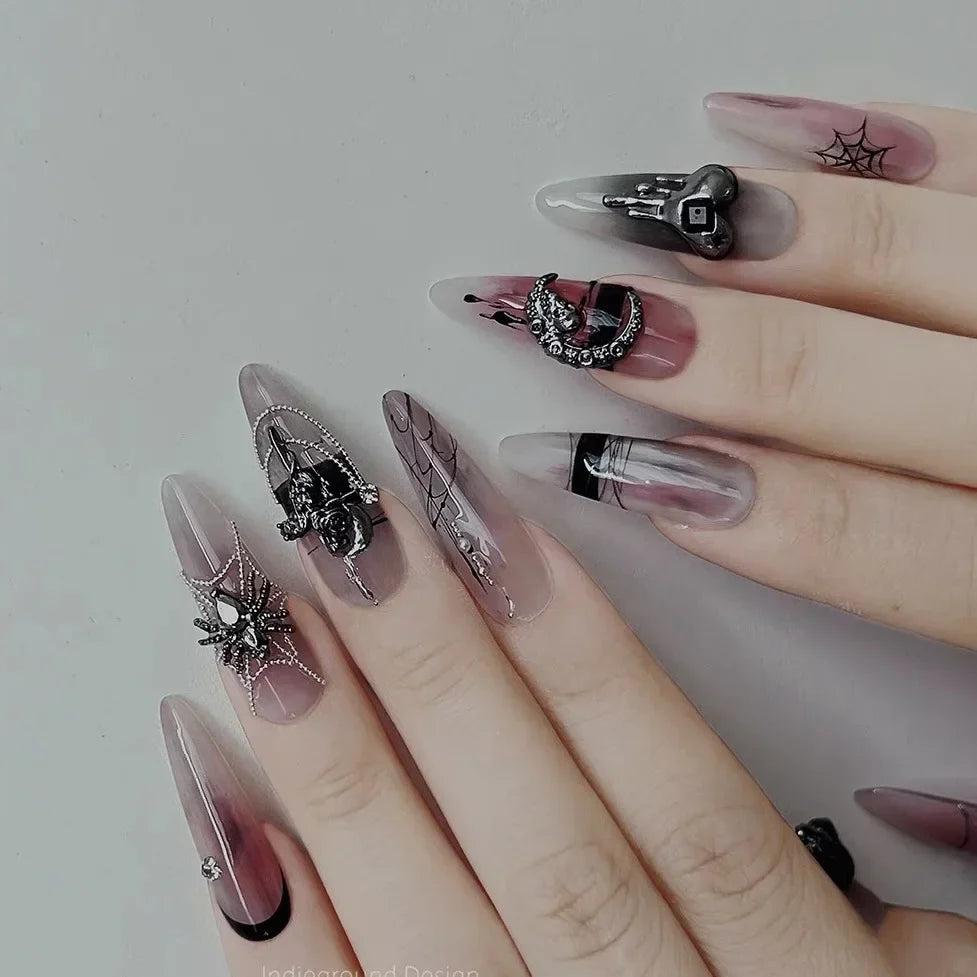 Aichashi 10pcs detachable long stilette ballet false nails with punk gothic designs y2k hot girl full cover artificial press on nail long