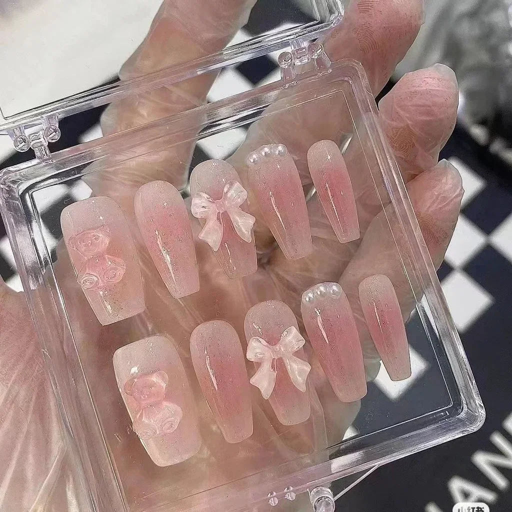 Cute Pink Bear Handmade Wear Nails Bear Bow Blush Nail Art Pearl Gradient Light Therapy Fake Nail Patch