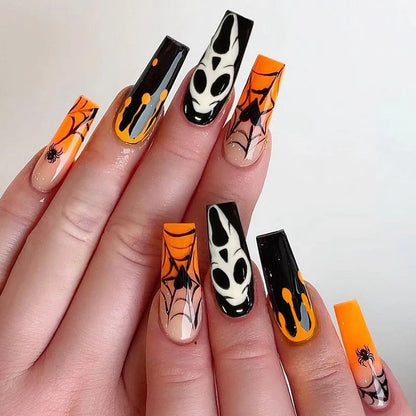 Aichashi New Halloween Fake Nails Patch Black Almond/Coffin Head Artificial Nail Tips Pumpkin Spider Ghost Printed Press on Nail for Girl