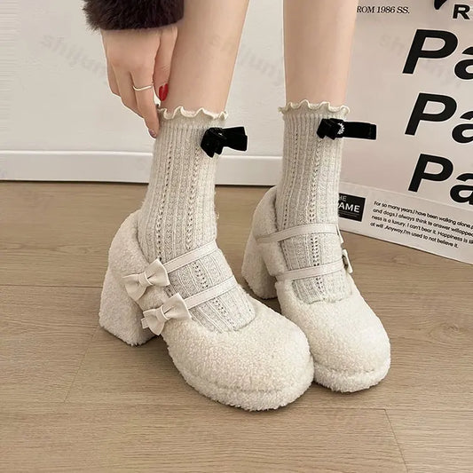 aichashi  -  Platform Lambs Wool Mary Jane Shoes for Woman Fashion Bowknot Fur Thick Sole Pumps Ladies Winter Warm Plush Dress High Heels