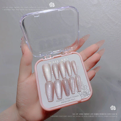 24pcs/box Crystal Cat Eye Shining Diamond Nail Patch Sparkling False Nail Press on Acrylic Nails Handmade Nail Wearing