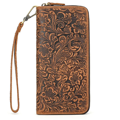 Aichashi Men's Crazy Horse Leather Long Wallet Zip Around Genuine Leather Wallet Phone Case Purse with Coin Pocket 4 Interlayer Pocket