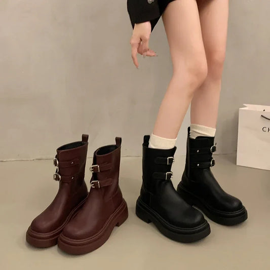 aichashi  -  Vintage Platform Women Ankle Boots Fashion Slip On Short Booties Autumn Winter Comfort Thick Heels Ladies Shoes