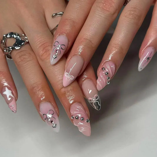 24PCS Long French Y2k nails press on nails with charms designs Stars Almond False Nails Wearable silver Pink Fake Nails Finished