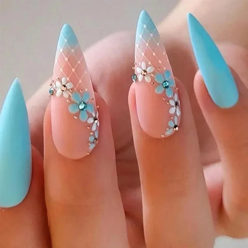 Aichashi 24Pcs Almond Fake Nails with Glitter Designs Detachable Stiletto False Nail Wearable Blue French Full Cover Press on Nail Tips