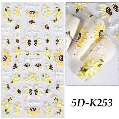 5D Yellow Sunflower Embossed Nail Sticker Acrylic Flower Leaf Bee Butterfly Summer Engrave Gel Polish Manicure Slider Decoration