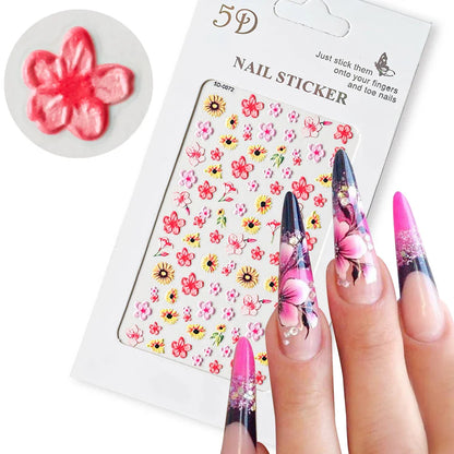 1PC 5D Macaron Flower/Fruit Nail Charms Sticker Embossed Bear/Rabbit/Letter Nails Slider Decals Summer Adhesive Manicure Decor&Y