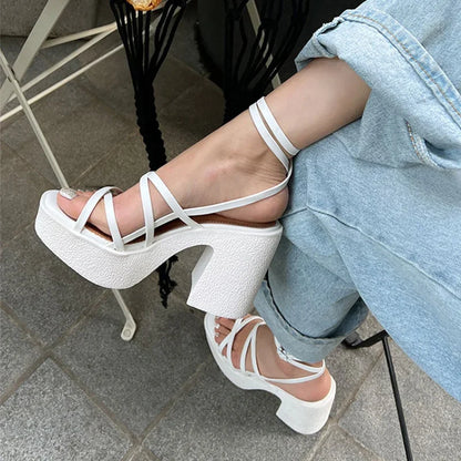 aichashi  -  Women High Heels Party Shoes Chunky Sandals New Summer Cross Tied Sexy Pumps Rome Ladies Shoes Slippers Mujer Zapatos