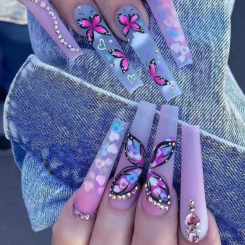 Aichashi 24Pcs Wearable Colorful Butterfly Designs French Press on Nails Long Ballet False Nails with Rhinestone acrylic Fake Nails tips