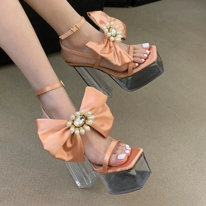 aichashi  -  Satin Bows Transparent Sandals Women Pumps Square Head Party Dress Bridal Shoes Summer Sexy Crystal Platform High Heels Ladies