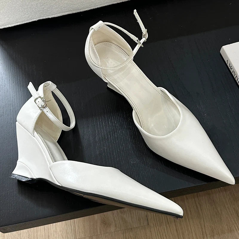 aichashi  -  Fashion Ankle Buckle Wedges Ladies Pumps Heels Shoes Female Pointed Toe Footwear New In Elegant Women Heeled Shoes