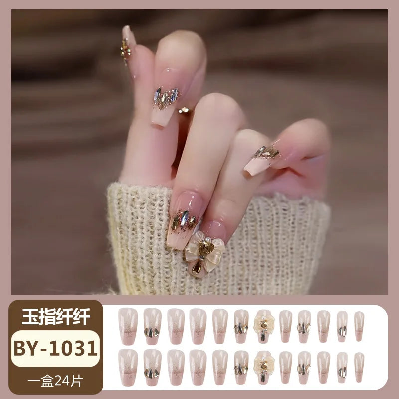 24PCS Camellia False Nails French Pearl Butterfly Design Fake Nail Patch Sweet Style Girl Women Press on Nail Tips Wholesale