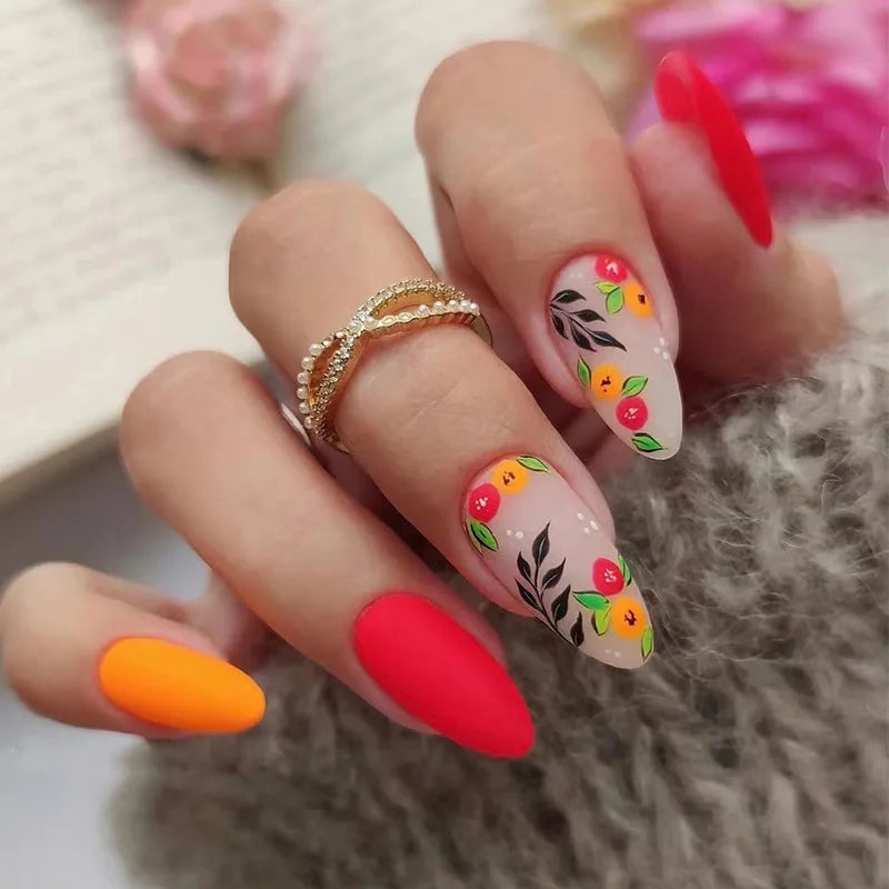 Almond False Nails 24Pcs Press On Nails Color Flower Printed Red and Yellow Autumn Manicure Nail Tips Full Cover