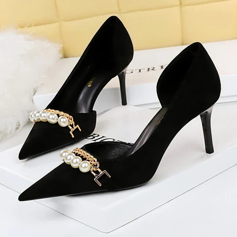 aichashi  -  Shoes Checked Grain Women Pumps Quality High Heels Pearl Chain Design Women Heels Stilettos Luxury Banquet Shoes