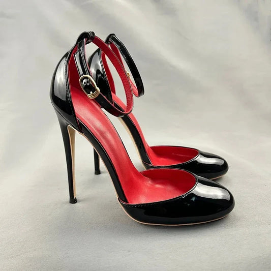 aichashi  -  Black Patent Leather Women Ankle Strap D'orsay Pumps 12cm High Heels Cute Mary Jane Red inside Stilettos Party Shoes Customize