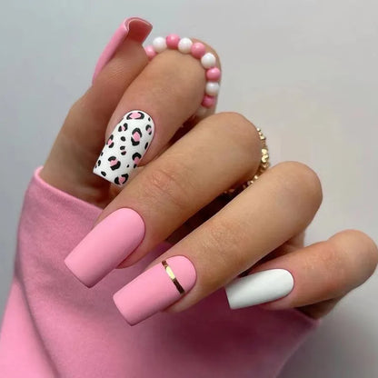 24Ps/Set Square Head Coffin Wearing False Nails Art Pink Matte French Fake Nails Leopard Artificial Acrylic White Press on Nails