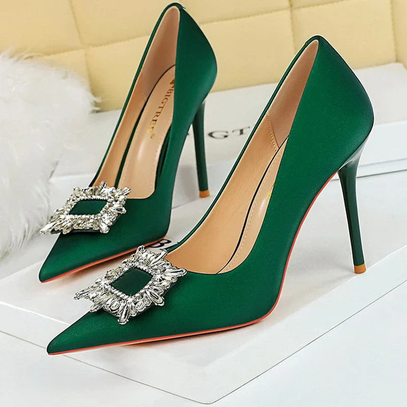 aichashi  -  Shoes Women 10 Cm Heels Metal Rhinestone Luxury Banquet Shoes Woman Pumps Fashion High Heels Silks Satins Lady Stilettos