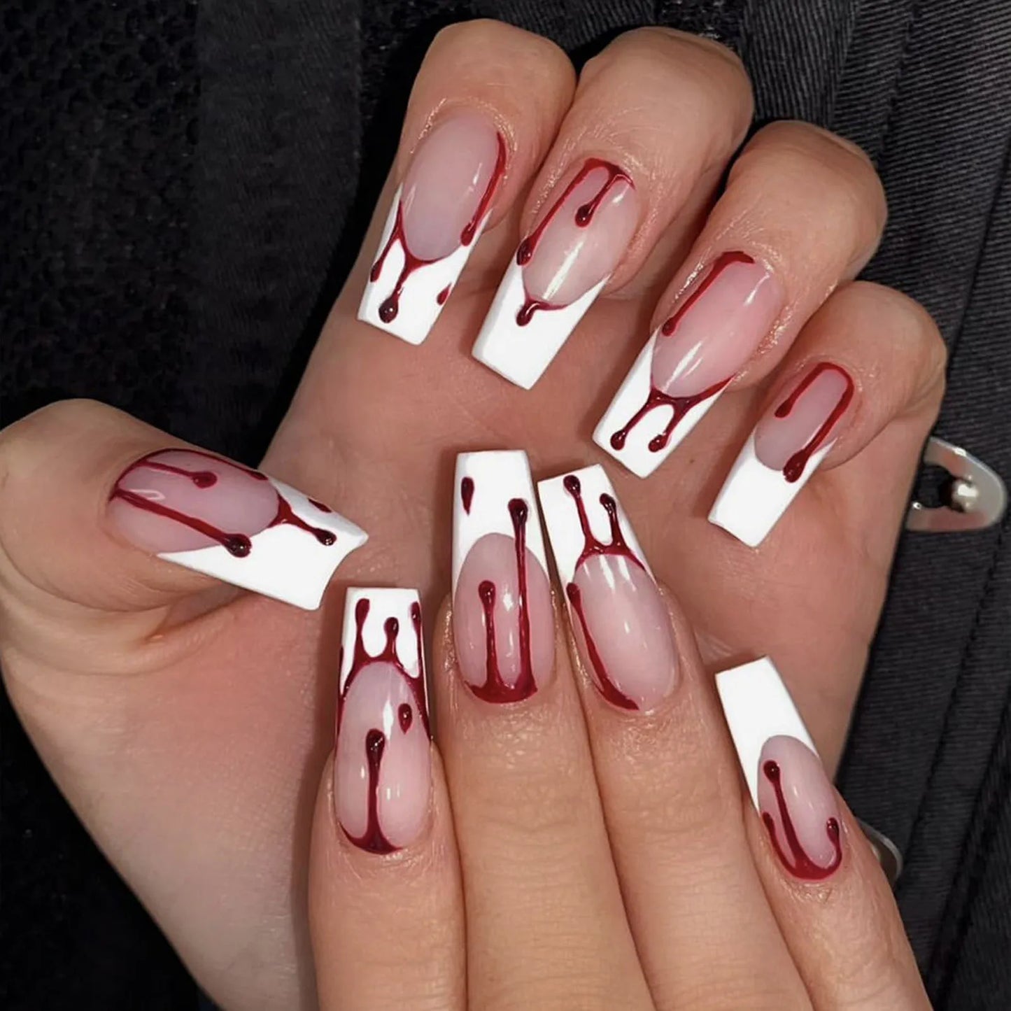 Aichashi Halloween Red Bloodstain False Nails Long Coffin Ballet Full Cover Press on Nails Detchable Full Cover Fake Nail Patches 24pcs