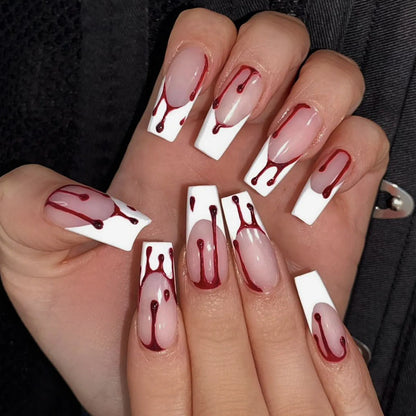 Aichashi Halloween Red Bloodstain False Nails Long Coffin Ballet Full Cover Press on Nails Detchable Full Cover Fake Nail Patches 24pcs