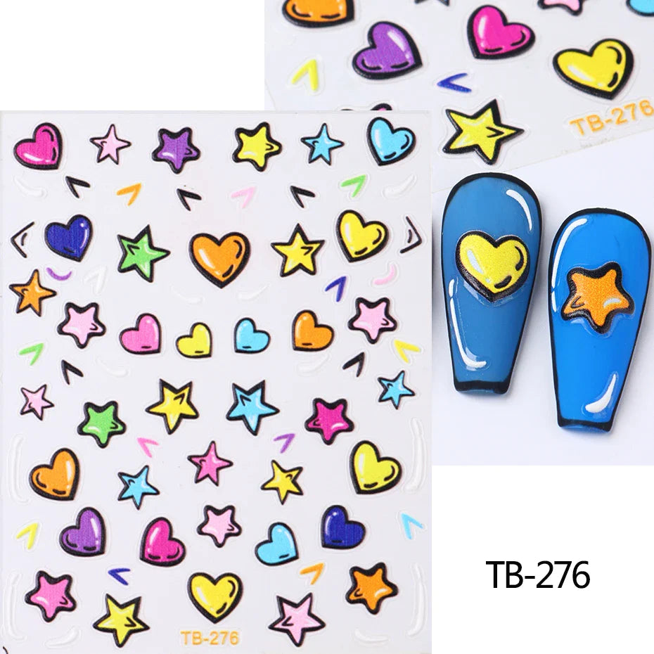 Aichashi Heart Nail Sticker 3D Comic Cartoon Colorful Heart Star Sliders Cute Nail Design Korean Style Translucent Gel Polish Wraps Decal