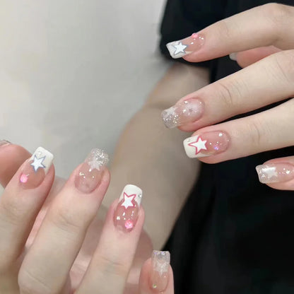 Aichashi Korean Sweet Girl False Nails y2k Pink Five-pointed Star Printed Fake Nails Short Cute White Edge Artificial Nail Patch 24pcs