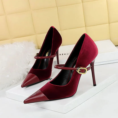 aichashi  -  Pointed Toe Velour Stiletto Heel Women Designer Party Dress Shoes Metal Buckle Splicing Elegant Heels Office Women Shoes Pumps