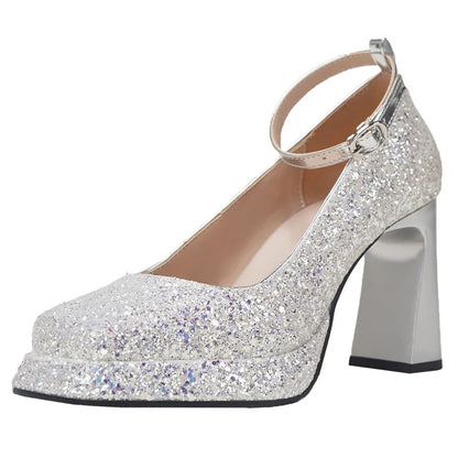 aichashi  -  High Heels Silver Wedding Shoes Women New Fashion Ankle Buckle Platform Pumps Woman Luxury Sequins Glitter Mary Jane Shoes