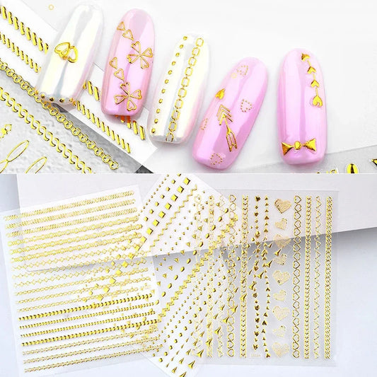 1 Sheet Gold Metal Chains Nail Stickers Mix Wave Heart Bow 3d Golden Metallic Adhesive Sticker DIY Manicure Nail Art Decorations