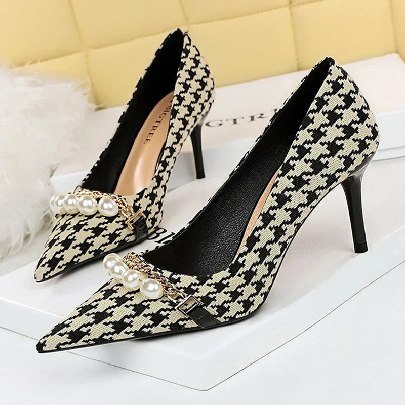 aichashi  -  Shoes Checked Grain Women Pumps Quality High Heels Pearl Chain Design Women Heels Stilettos Luxury Banquet Shoes