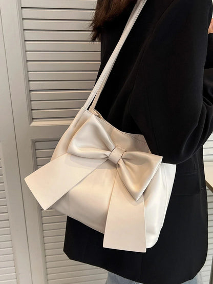 Aichashi Fashionable Large Capacity Bow Knot Shoulder Bag Cute Kawaii Bow Decor Water Bucket Bag Lightweight Casual Handbag