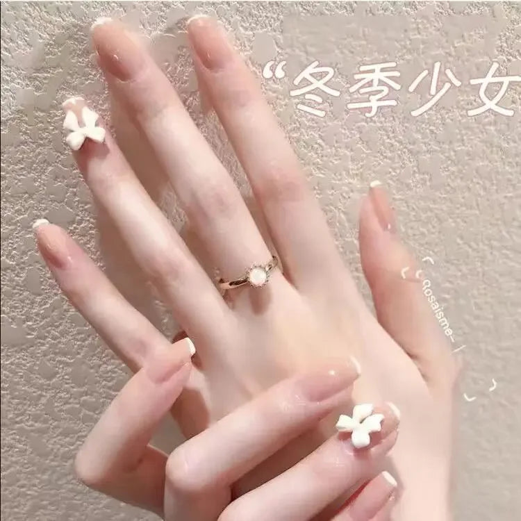 24PCS Ballerina Long Square Nail Tips False Nails Wearable Fake Nails Butterfly INS French Pearl Design Press on Nails for Woman