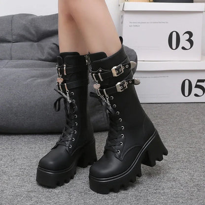 aichashi  -  Fashion Leather Gothic Boots Women Luxury Brand Buckle Chain High Heels Long Boots Autumn Ladies Motorcycle Boots Botas Mujer