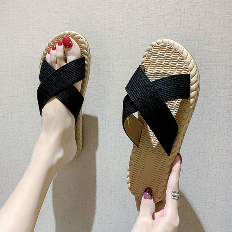 Aichashi Gladiator Summer Beach Flip Flops Women Sandals Casual Flax Flat Sandalias Mujer Comfy Home Slippers Outdoor Slides Shoes