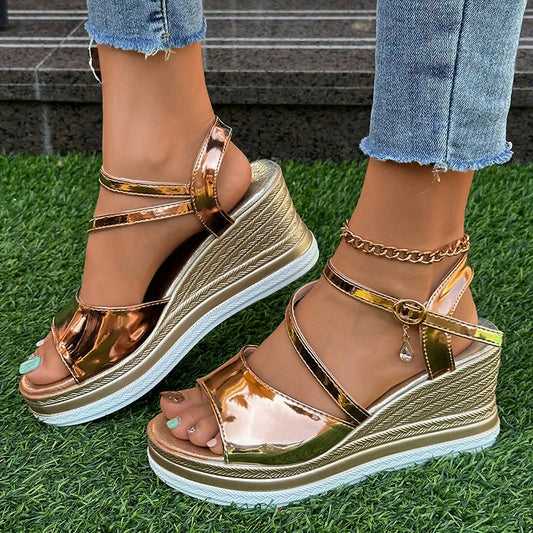 Aichashi Gold Silver Wedge Sandals for Women Fashion Ankle Strap Chunky Platform Sandles Woman Summer Thick Sole Sandalias Mujer 2024