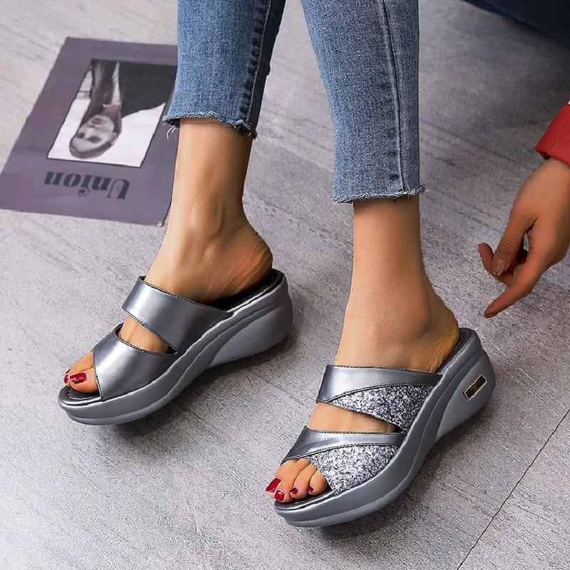 aichashi new Women Summer Slippers Ladies Glitter PU Wedges Shoes Female Casual Slingbacks Sandals Comfortable Platform Woman