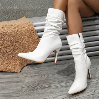 aichashi  -  Fashion White Pleated Leather Design Boots for Women Sexy Pointed Toe Zip Thin High Heels Booties Shoes Pumps Botas Mujer