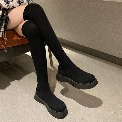 Aichashi Autumn Winter Women Platform Over The Knee Boots Ladies Stretch Knitted Socks Long Boots Slip-On Thick Bottom Shoes Woman